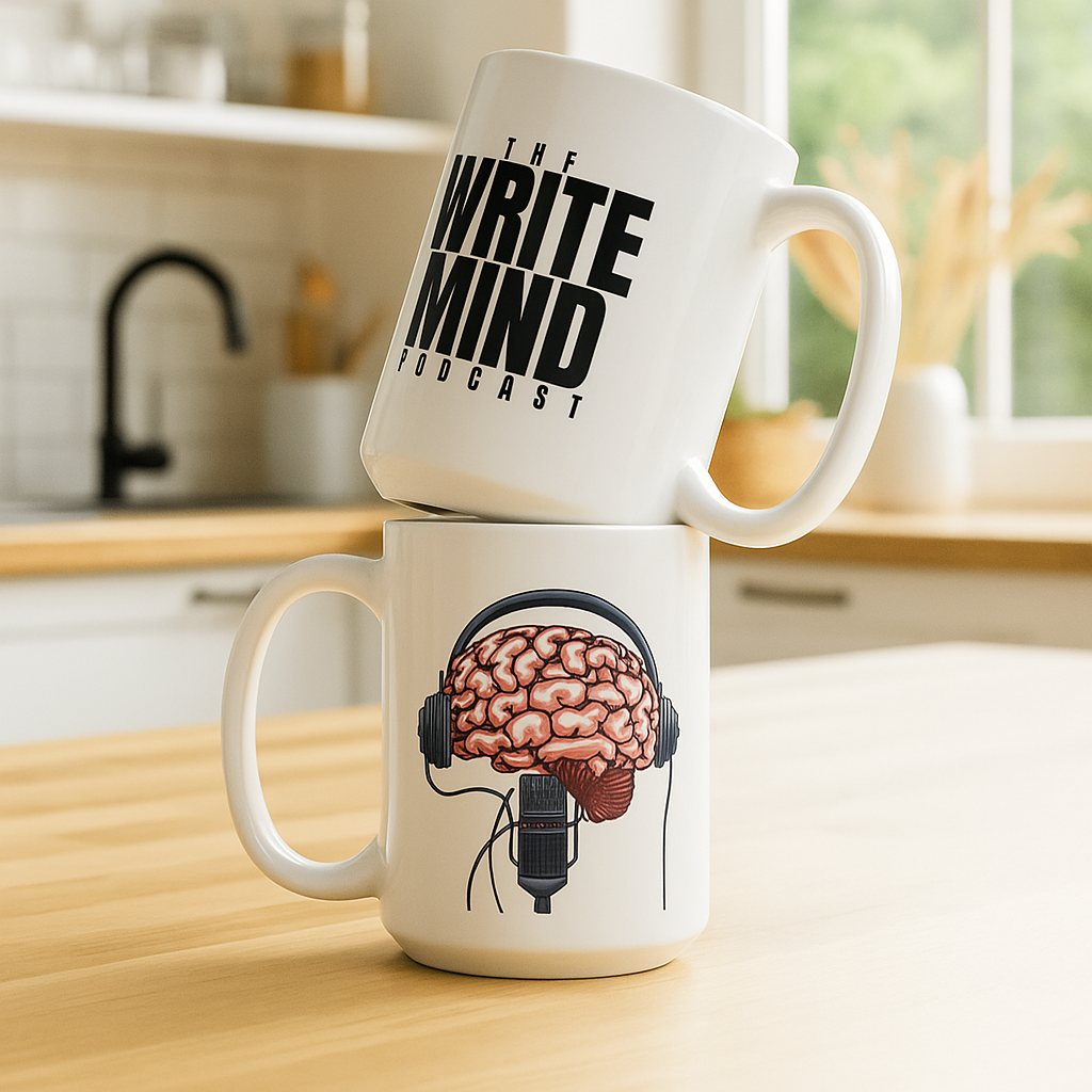 brain mug with headphones design
podcast merch ideas
coffee mug for content creators
unique mugs for writers
Write Mind Podcast merch